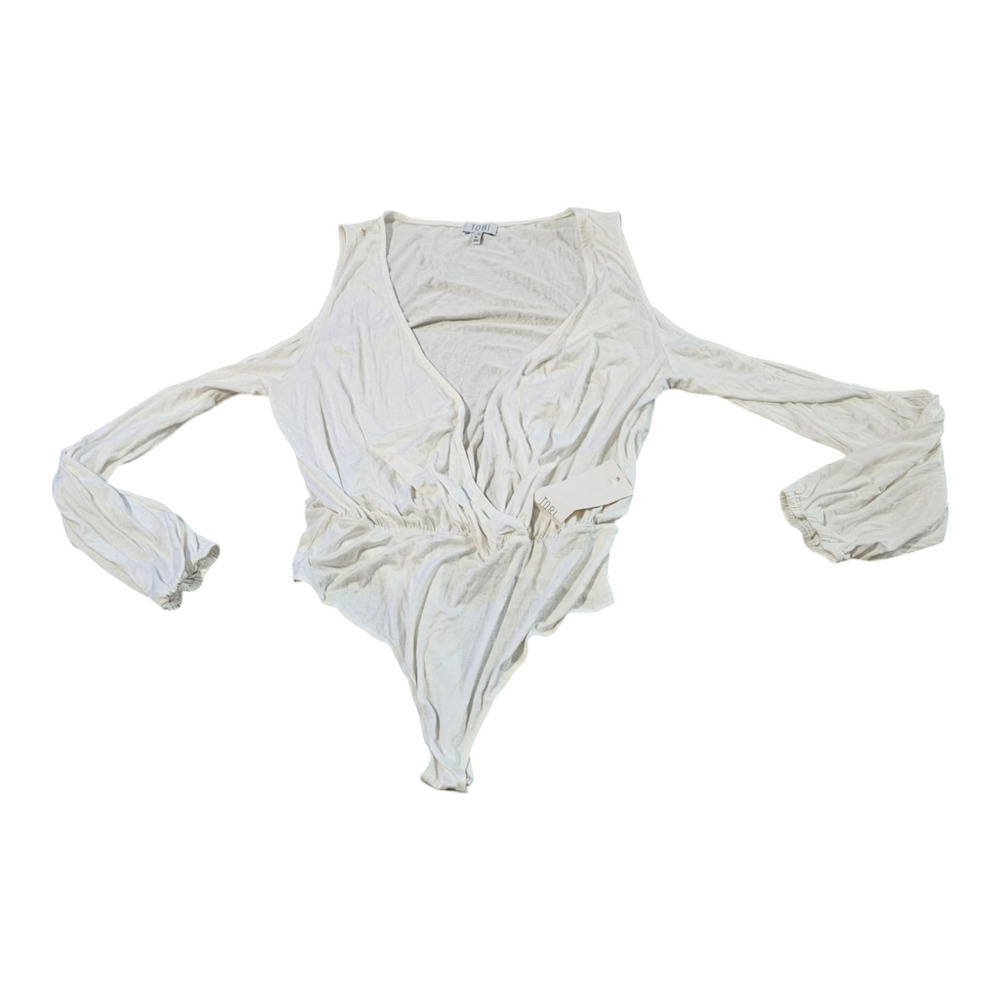 Tobi Large White Long Sleeve Cold Shoulder V-Neck Bodysuit *flawed*